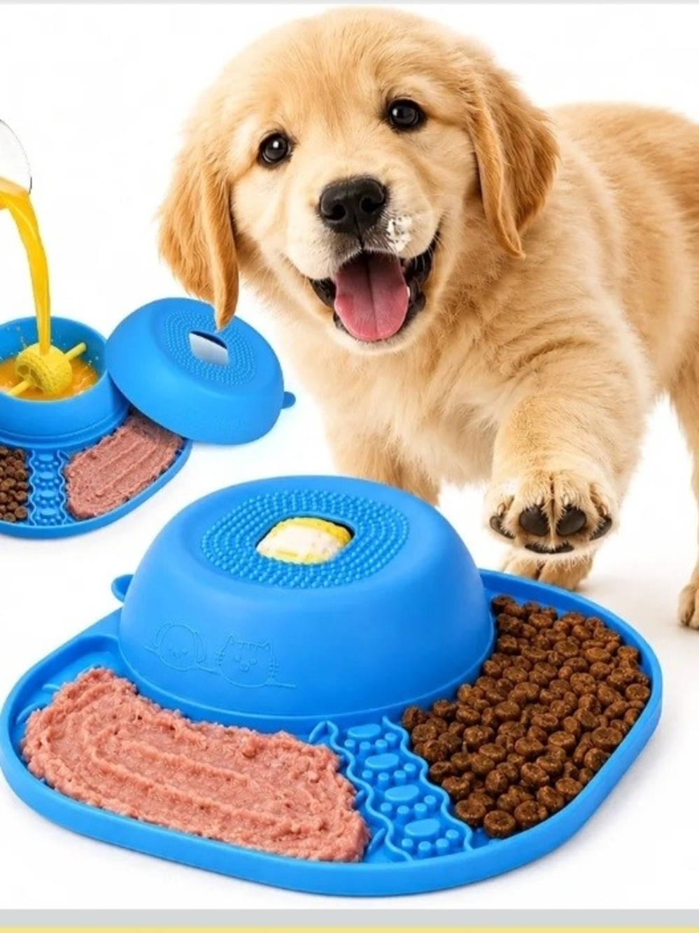 Dog & Cat Slow Feeder Lick Mat Bowl w/ Rolling Treat Ball